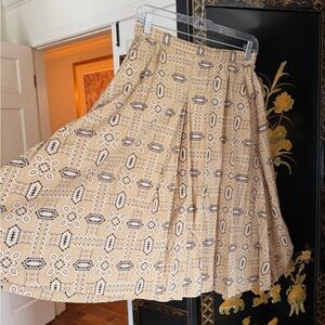 Vintage Beige Printed Pleated Midi Skirt